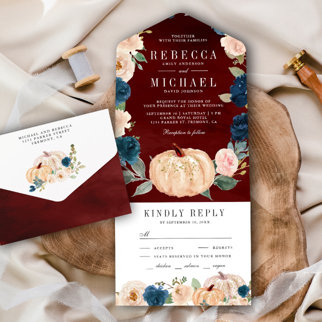 Blue Peach Floral Pumpkin Burgundy Wedding All In One Einladung (Von Creator hochgeladen)