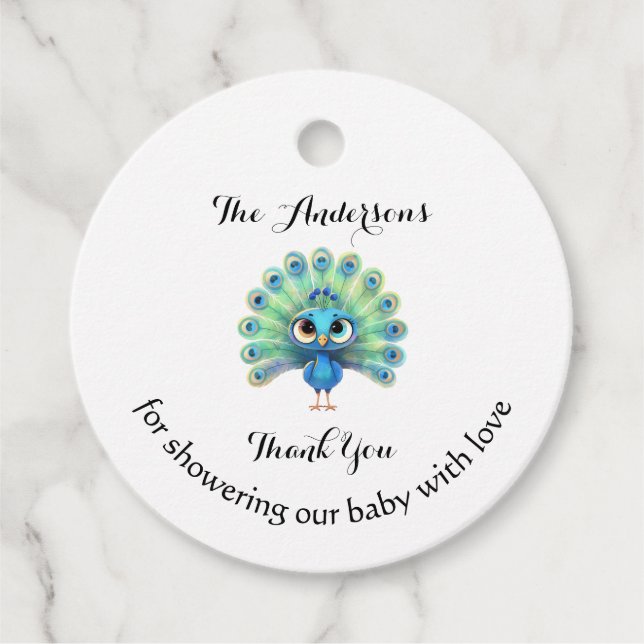 Blue Peacock Baby Dusche Gefallen Tag Geschenkanhänger (Vorderseite)