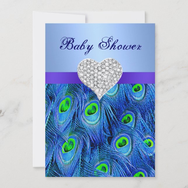 Blue Peacock Diamond Heart Baby Dusche Einladung (Vorderseite)