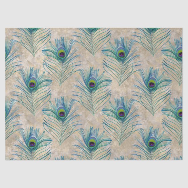 Blue Peacock Feathers auf Light Brown Decoupage Seidenpapier (Vorderseite)