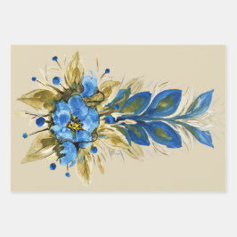 Blue Peacock Feathers Watercolor Handgemalt Geschenkpapier Set