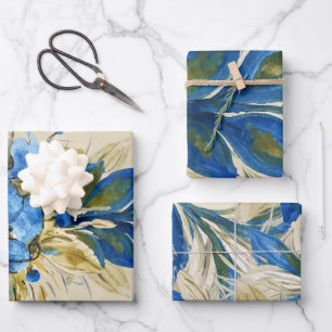Blue Peacock Feathers Watercolor Handgemalt Geschenkpapier Set