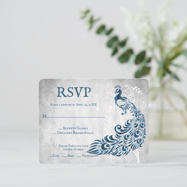 Blue Peacock Leaf Vine Wedding RSVP Card (Stehend Vorderseite)