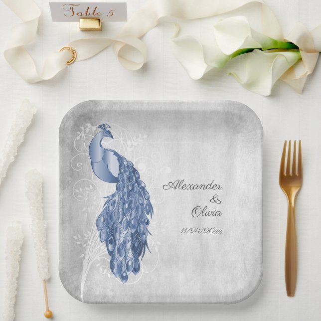 Blue Peacock Polterabend Paper-Teller Pappteller (Hochzeit)