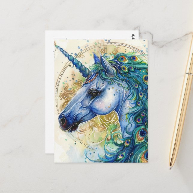 Blue Peacock Unicorn Postkarte (Vorderseite/Rückseite Beispiel)