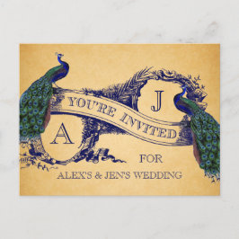Blue Peacock Vintage Hochzeit Einladung Postkarte