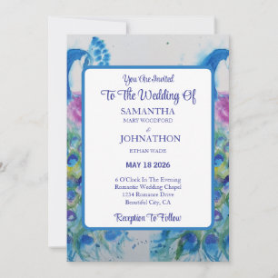 Blue Peacock Watercolor Blume Hochzeit Einladung