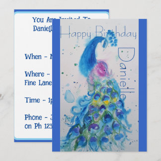 Blue Peacock Watercolor Geburtstagsfeier Einladung