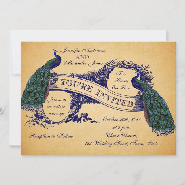 Blue Peacocks Vintage Hochzeit Einladungen (Vorderseite)