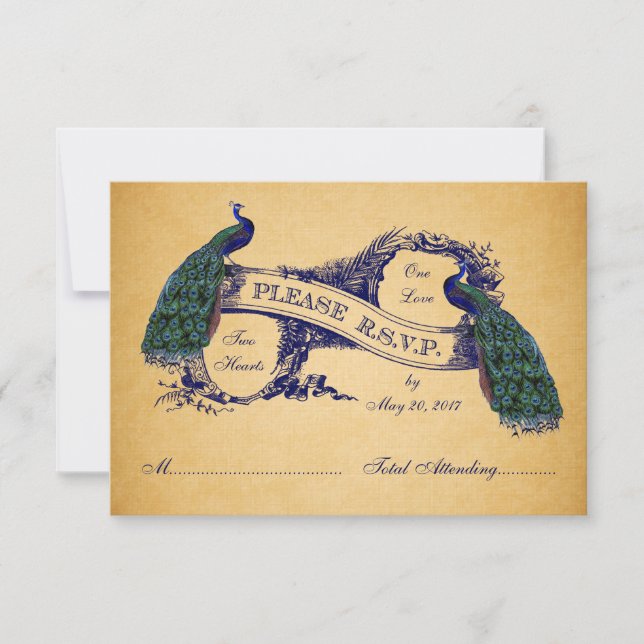 Blue Peacocks Vintage Wedding CARD RSVP (Devant)