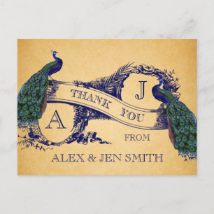 Blue Peacocks Vintage Wedding Merci Carte postale