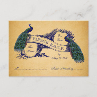 Blue Peacocks Vintage Wedding RSVP CARD Karte