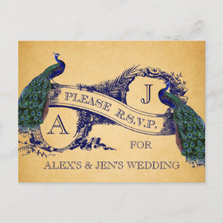 Blue Peacocks Vintage Wedding RSVP Carte postale 2