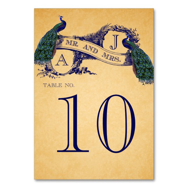 Blue Peacocks Vintage Wedding Tischnummer Card (Vorderseite)