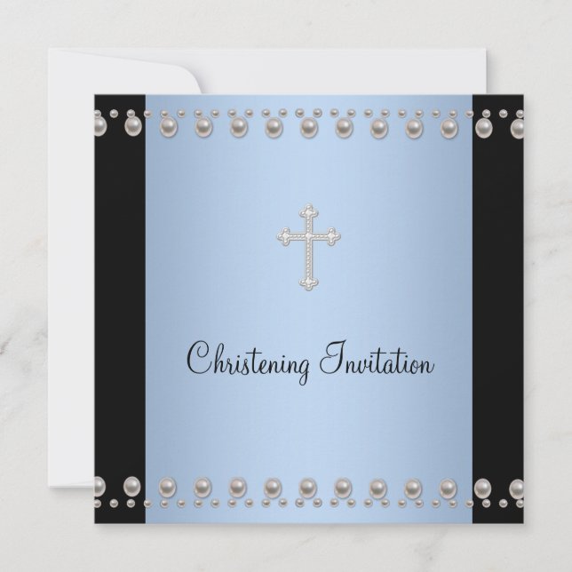 Blue Pearl Cross Black Blue Christening Einladung (Vorderseite)