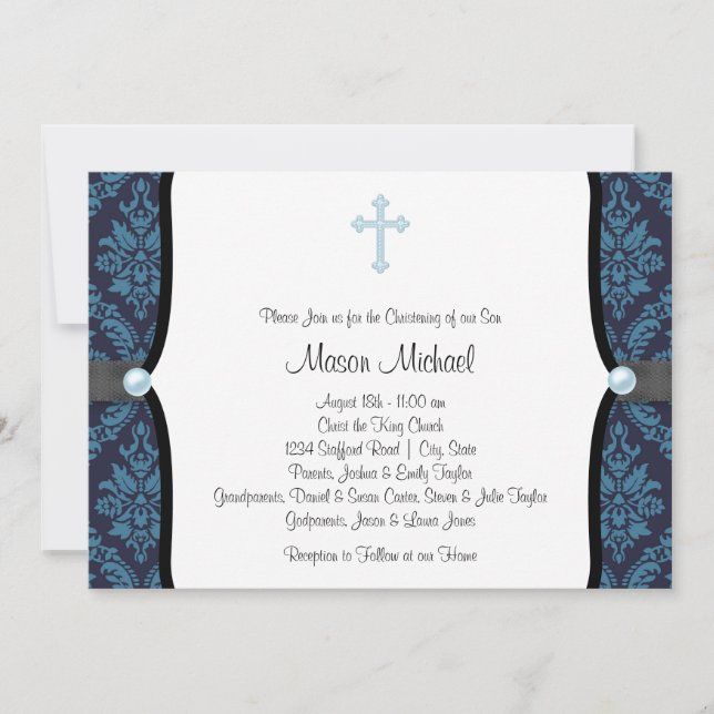 Blue Pearl Cross Blue Black Damask Christening Einladung (Vorderseite)