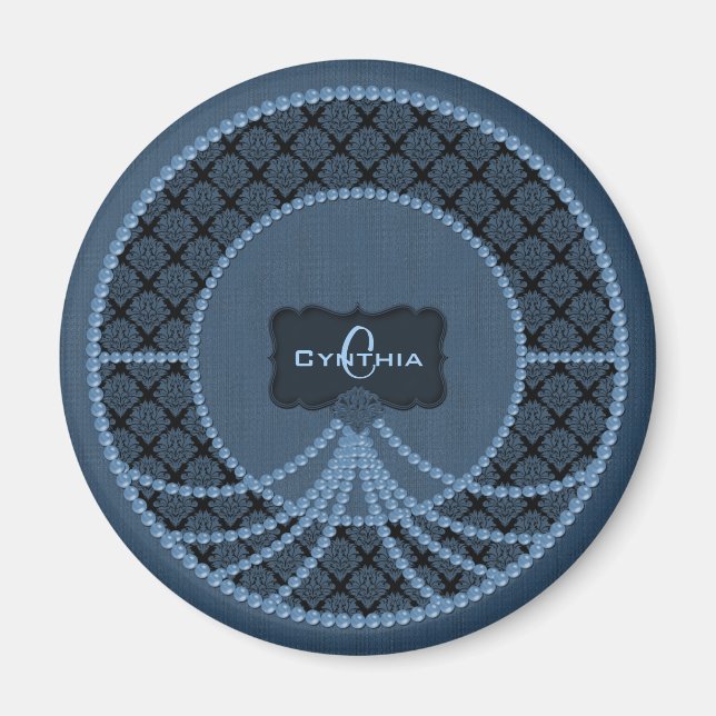 Blue Pearl Damask Round Magnet (Vorne)