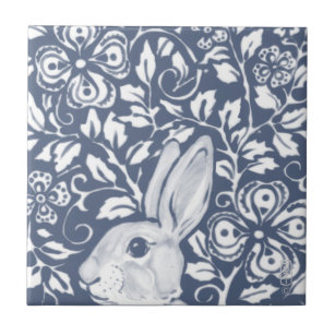 Blue Peeking Rabbit Bunny Floral Dedham Delft Fliese
