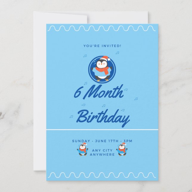 Blue Penguin 6 Month Birthday Einladung (Vorderseite)