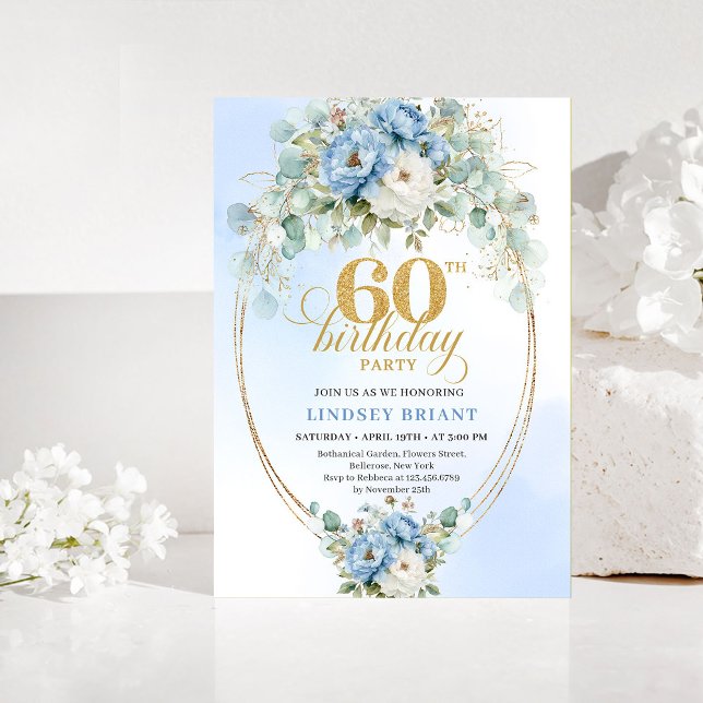 Blue Peonies Eucalyptus 60th Birthday Invitation Einladung (Blue Peonies Eucalyptus 60th Birthday Invitation)