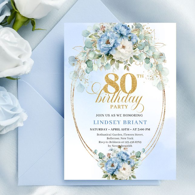 Blue Peonies Eucalyptus Greenery Gold 80th Invite Einladung (Blue Peonies Eucalyptus Greenery Gold 80th Invite)