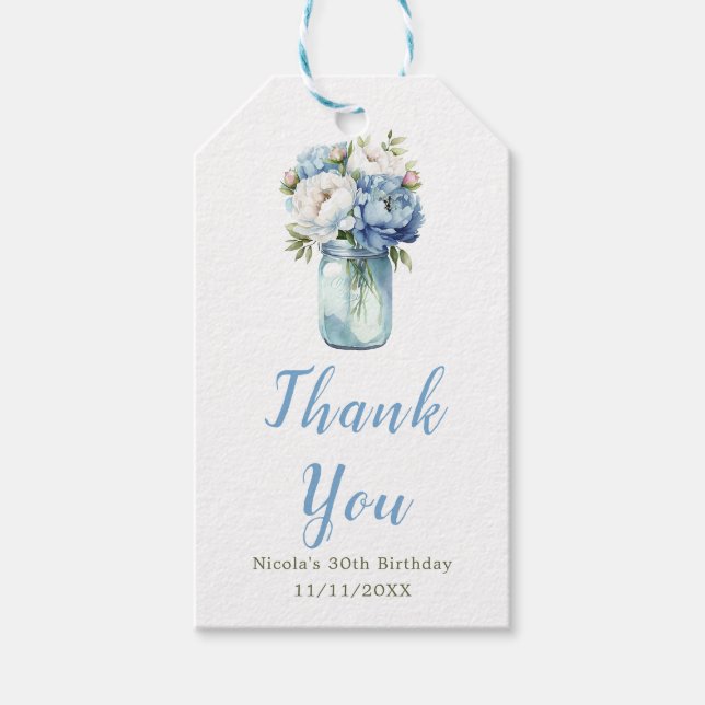 Blue Peonies Mason Jar Birthday Geschenkanhänger (Vorderseite)