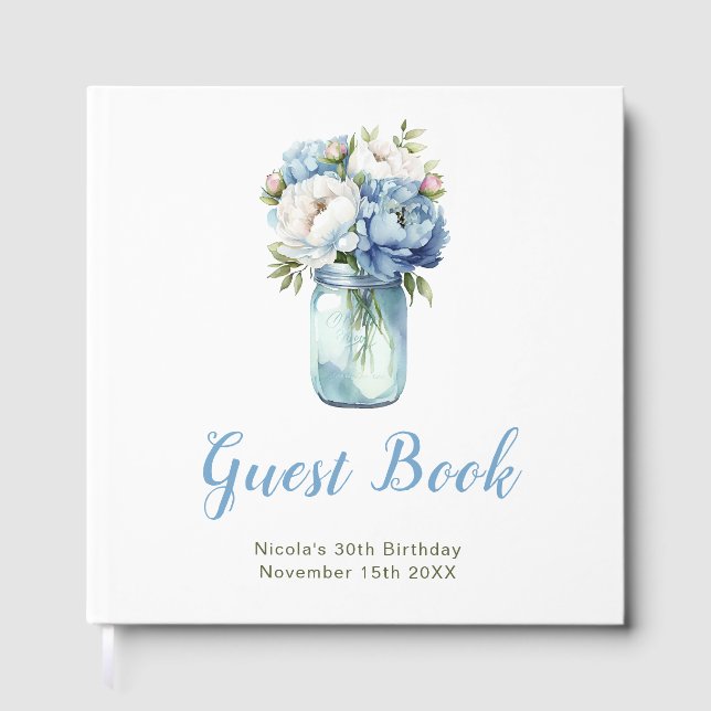 Blue Peonies Mason Jar Birthday Party Gästebuch (Vorderseite)