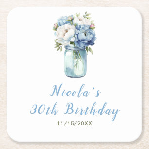 Blue Peonies Mason Jar Birthday Rechteckiger Pappuntersetzer