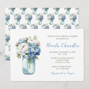 Blue Peonies Mason Jar Brautparty Einladung
