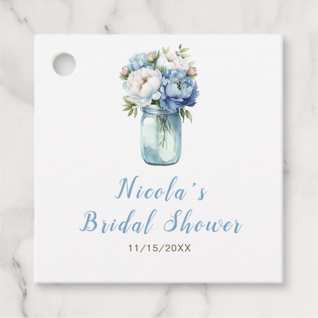 Blue Peonies Mason Jar Brautparty Geschenkanhänger (Vorderseite)