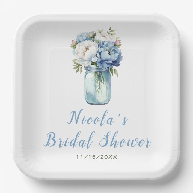 Blue Peonies Mason Jar Brautparty Pappteller (Vorderseite)
