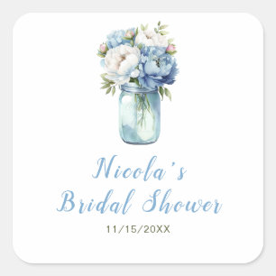 Blue Peonies Mason Jar Brautparty Quadratischer Aufkleber