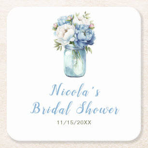 Blue Peonies Mason Jar Brautparty Rechteckiger Pappuntersetzer