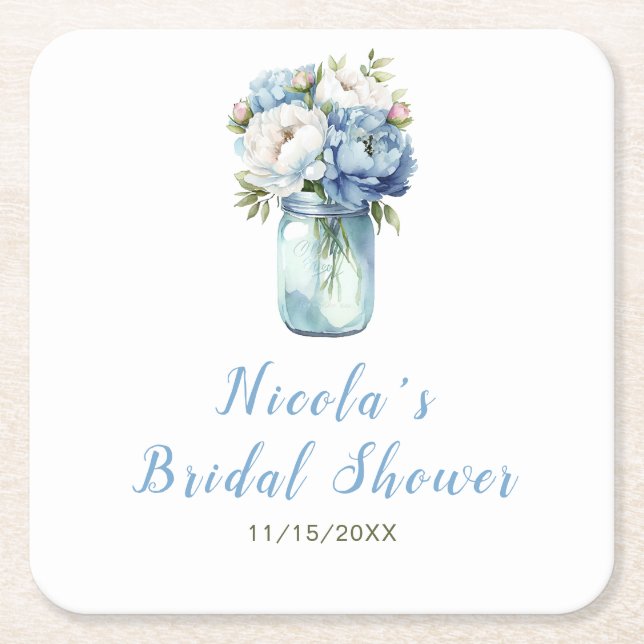 Blue Peonies Mason Jar Brautparty Rechteckiger Pappuntersetzer (Vorderseite)