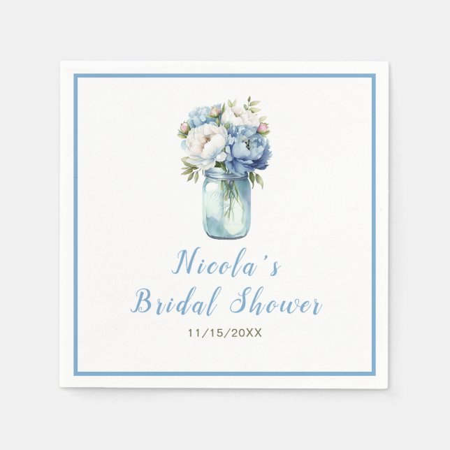 Blue Peonies Mason Jar Brautparty Serviette (Vorderseite)