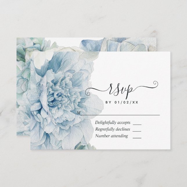 Blue Peonies Wedding RSVP Karte (Vorne/Hinten)