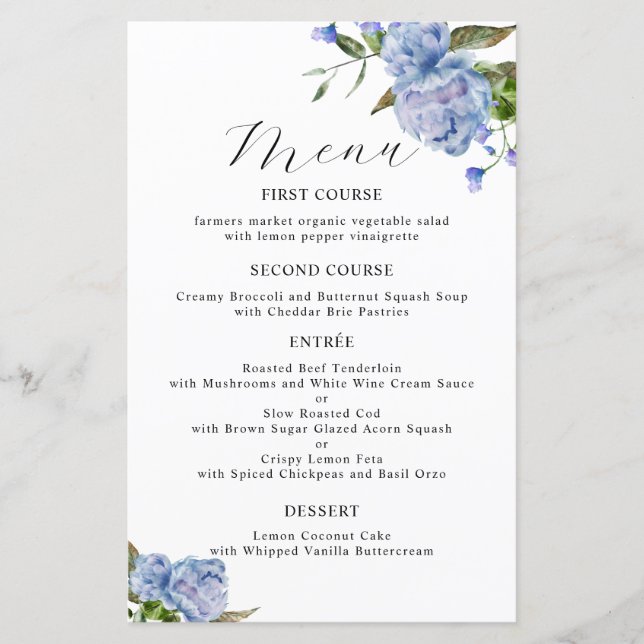 Blue Peony Blume Wedding Dinner Menu (Vorderseite)