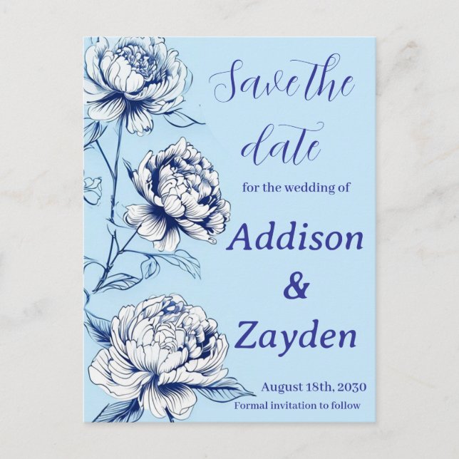 Blue Peony Chinoiserie Save the Date Cards Postkarte (Vorderseite)