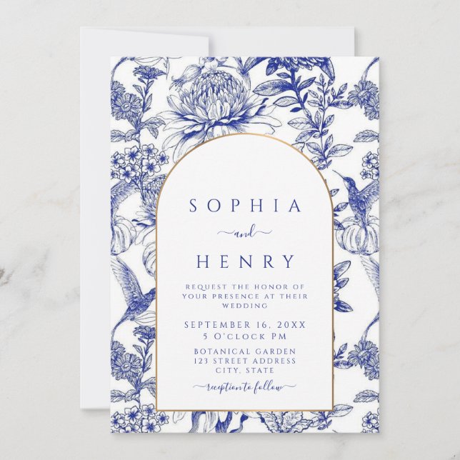 Blue Peony Chinoiserie Victorian Floral wedding  Einladung (Vorderseite)