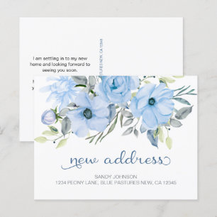 Blue Peony Floral Meine neue Adresse Ankündigungspostkarte