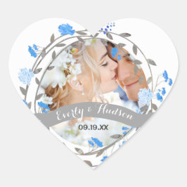 Blue Peony Floral Wreath Wedding Herz-Aufkleber