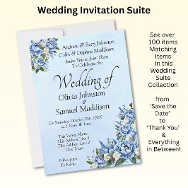 Blue Peony on Blue Wedding Suite Einladung #A