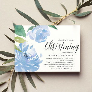 Blue Peony Watercolor Floral Christening Einladung