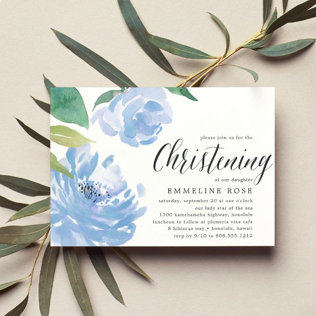 Blue Peony | Watercolor Floral Christening Einladung (Von Creator hochgeladen)