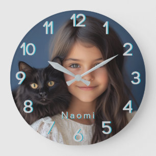 Blue Personalisiert Foto & Name Große Wanduhr