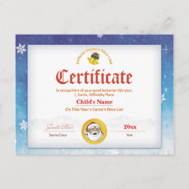 Blue Personalisiert Santa's Nice List Certificate Postkarte