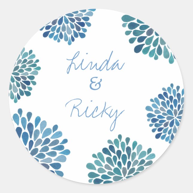 Blue Petal Bloom Burst Wedding Round Sticker Siege (Vorderseite)