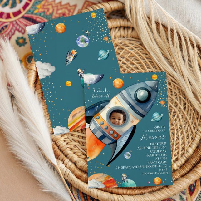 Blue Photo Rocket First Trip Around the Sun Space Einladung (Von Creator hochgeladen)