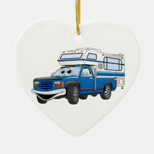 Blue Pick Up Camper Cartoon Keramik Ornament