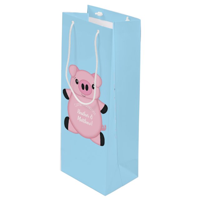 Blue Pig Baby Dusche Geschenktüte Für Weinflaschen (Vorderseite Schrägansicht)